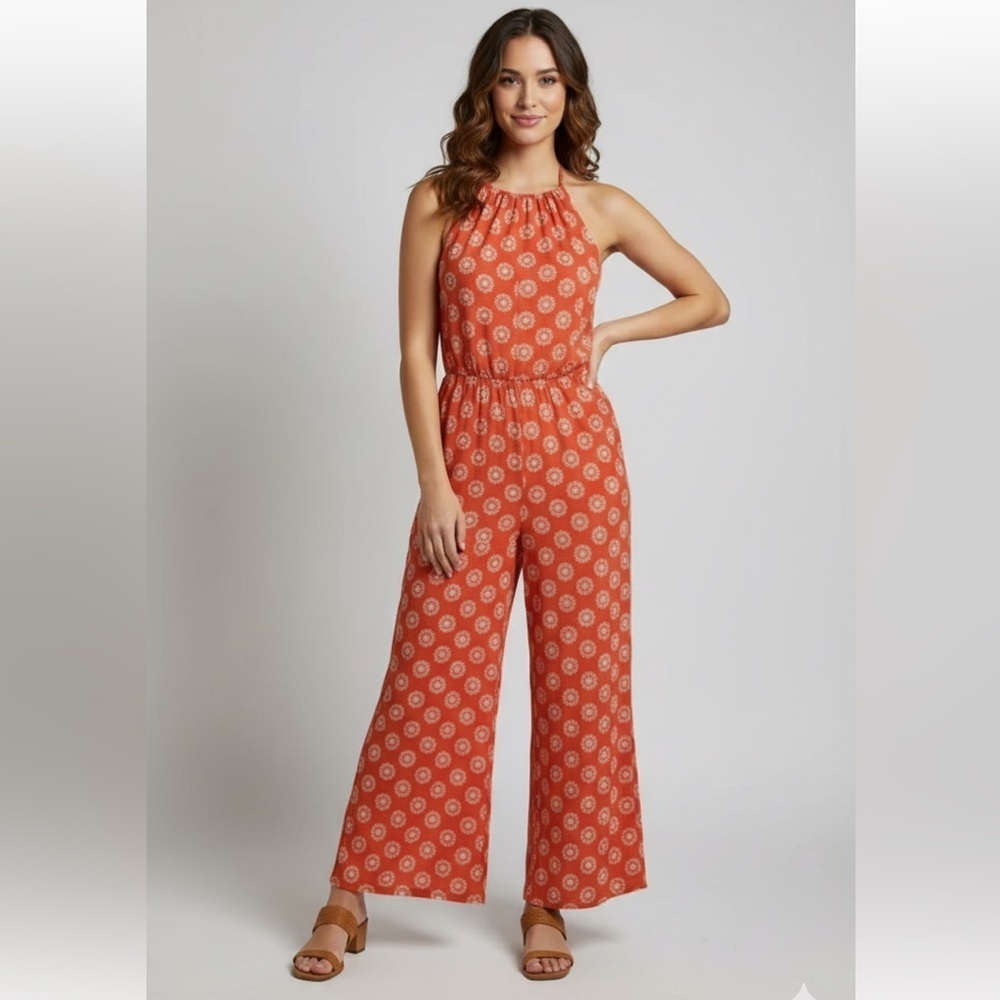 forever 21 halter jumpsuit burnt orange with white details